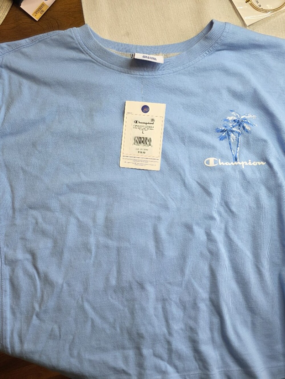 Champion Light Blue Short Sleeve Tee with Palm Tree Embroidery